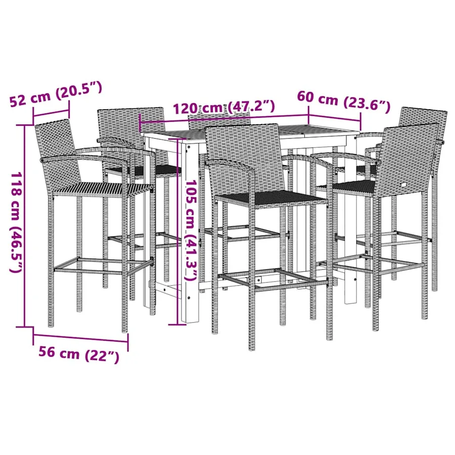 Ensemble de bar de jardin 7 pcs gris bois massif acacia rotin - 11