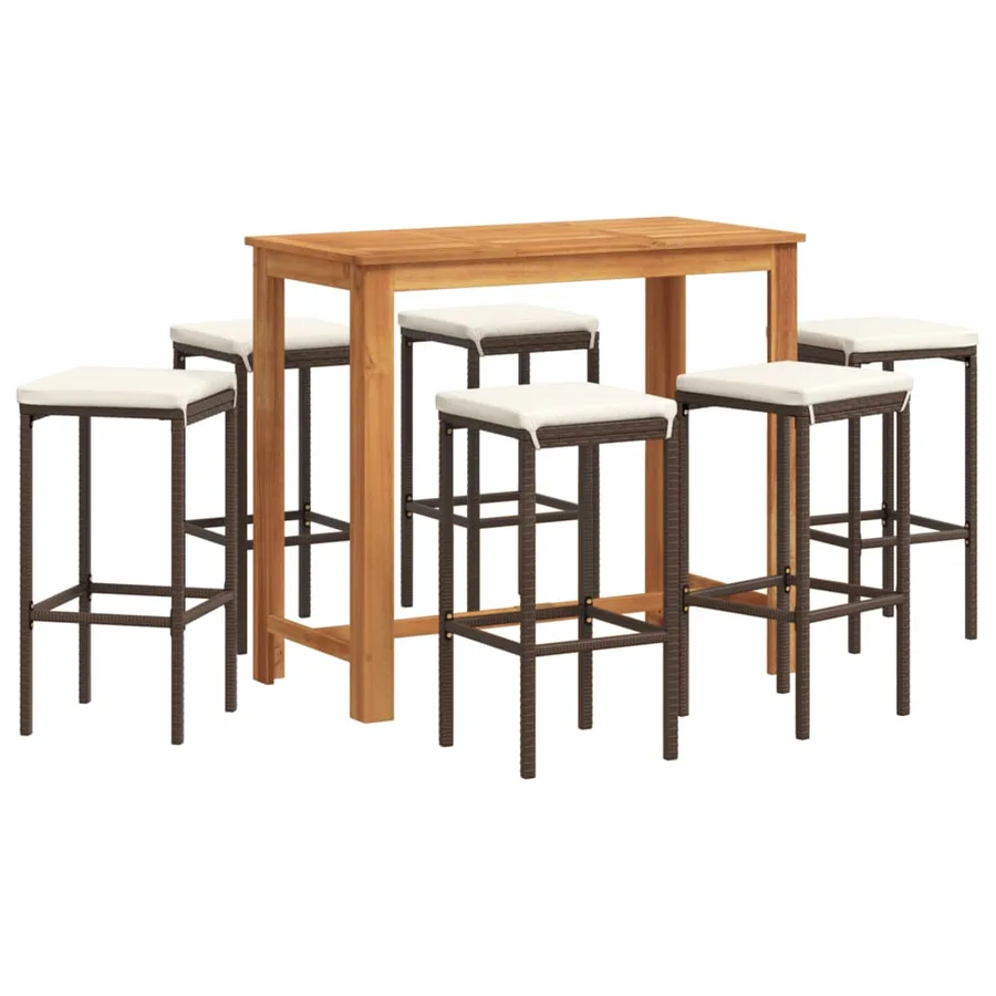 Ensemble de bar de jardin 7 pcs marron bois massif acacia rotin - 2