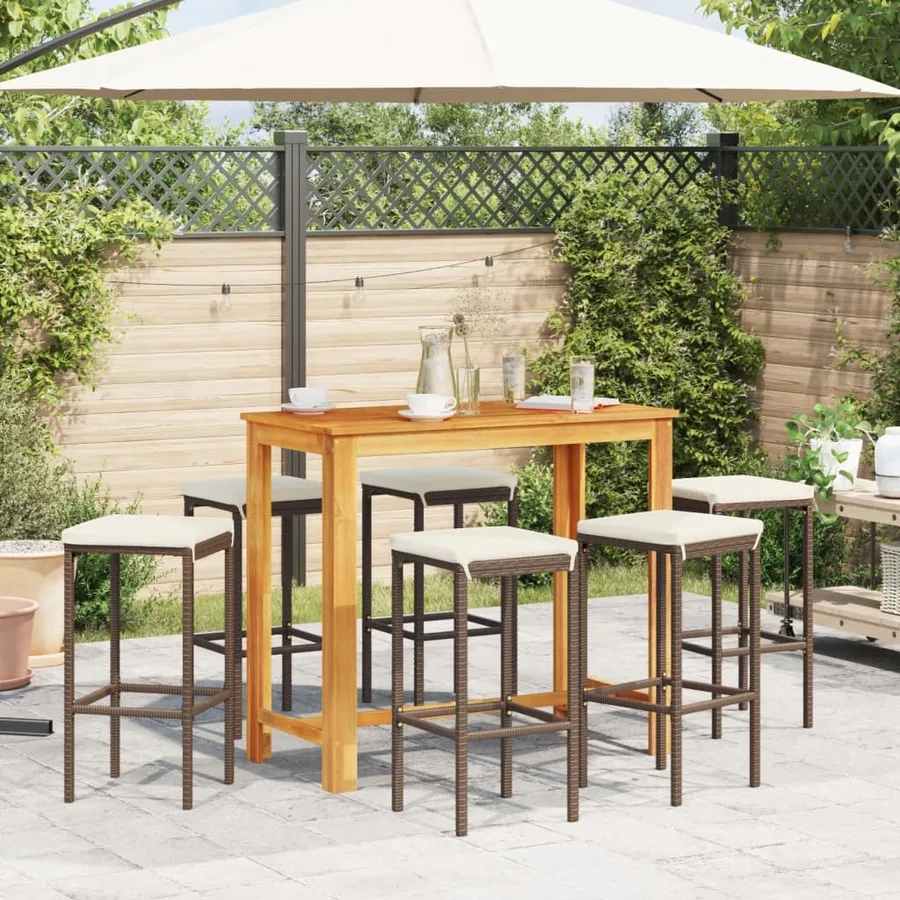 Ensemble de bar de jardin 7 pcs marron bois massif acacia rotin - 3