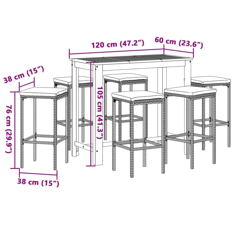 Ensemble de bar de jardin 7 pcs gris bois massif acacia rotin - 11
