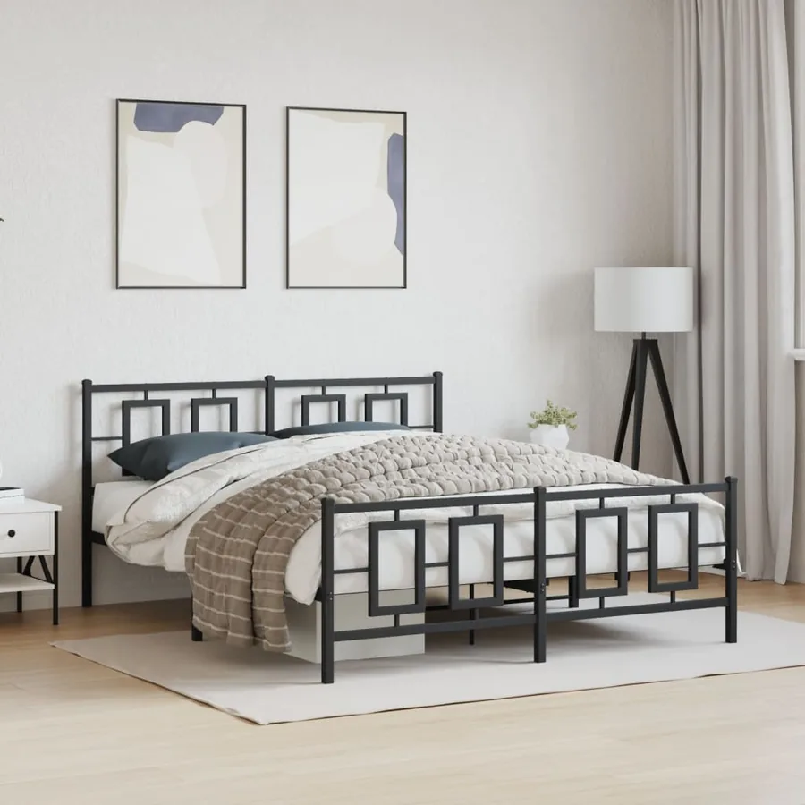 Cadre de lit métal sans matelas avec pied de lit noir 150x200cm