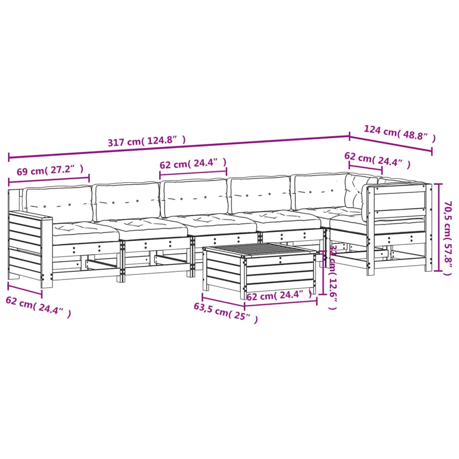 Salon de jardin 7 pcs avec coussins Bois de pin massif - 12