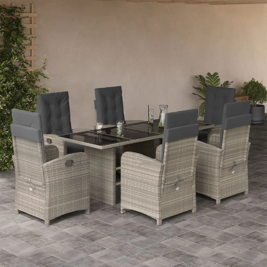 Ensemble à manger de jardin et coussins 7 pcs gris clair rotin