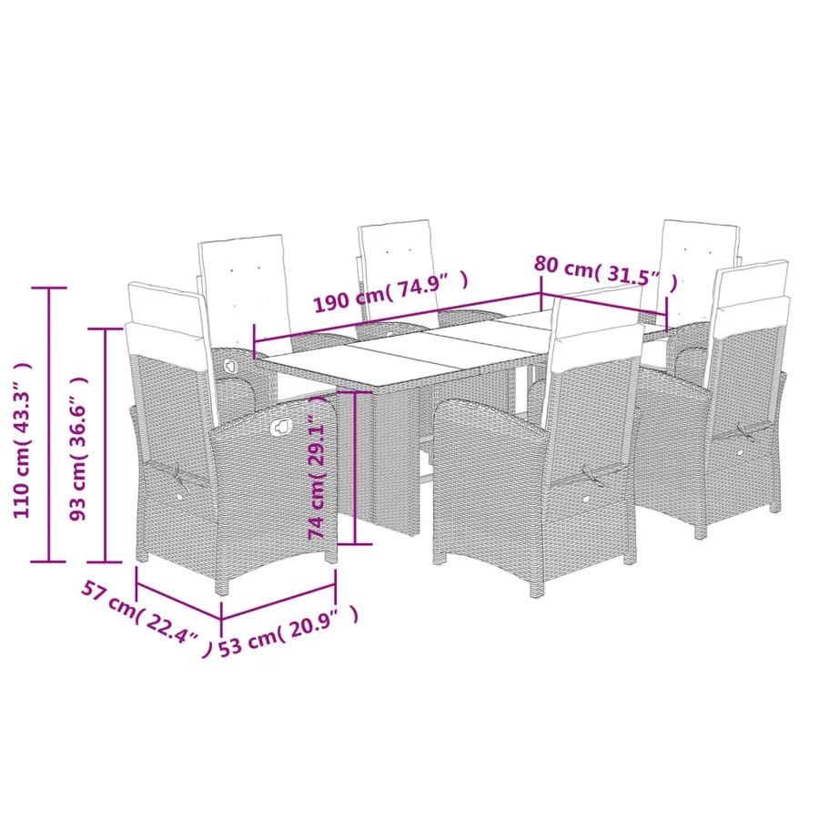 Ensemble à manger de jardin et coussins 7 pcs gris clair rotin - 9