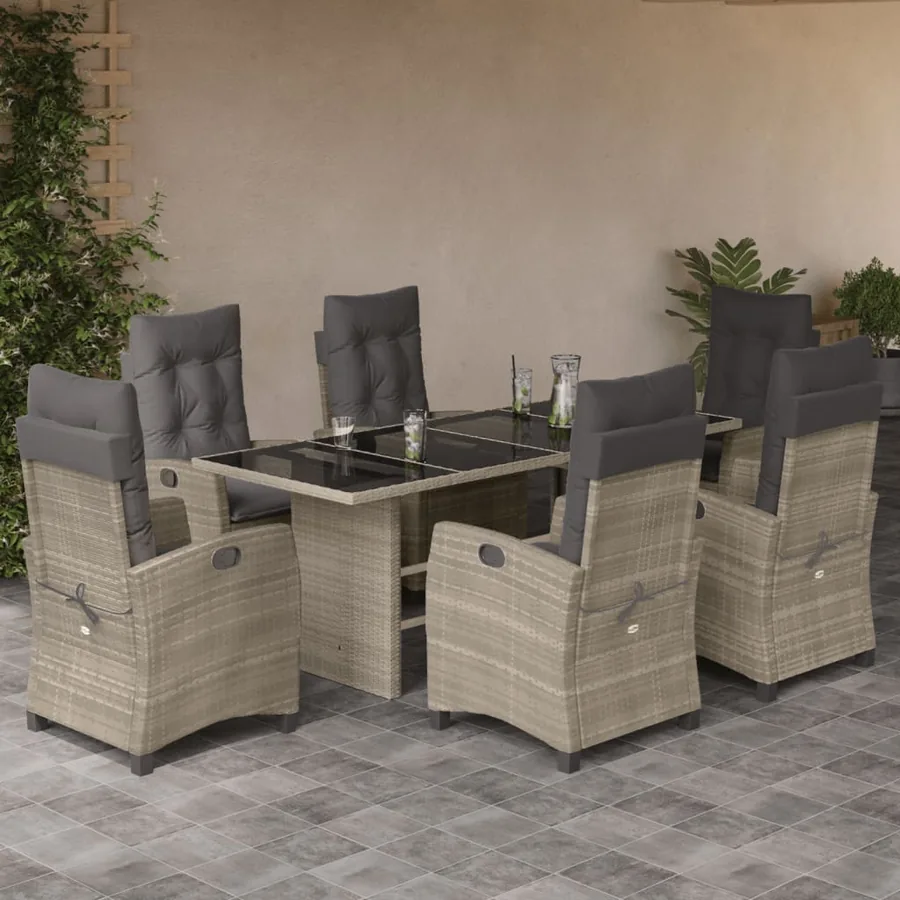 Ensemble à manger de jardin et coussins 7 pcs gris clair rotin