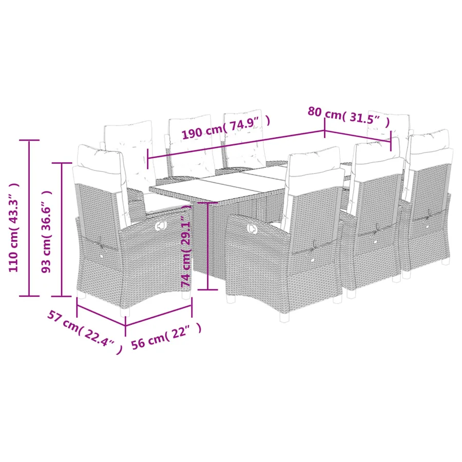 Ensemble à manger de jardin et coussins 9 pcs marron poly rotin - 9