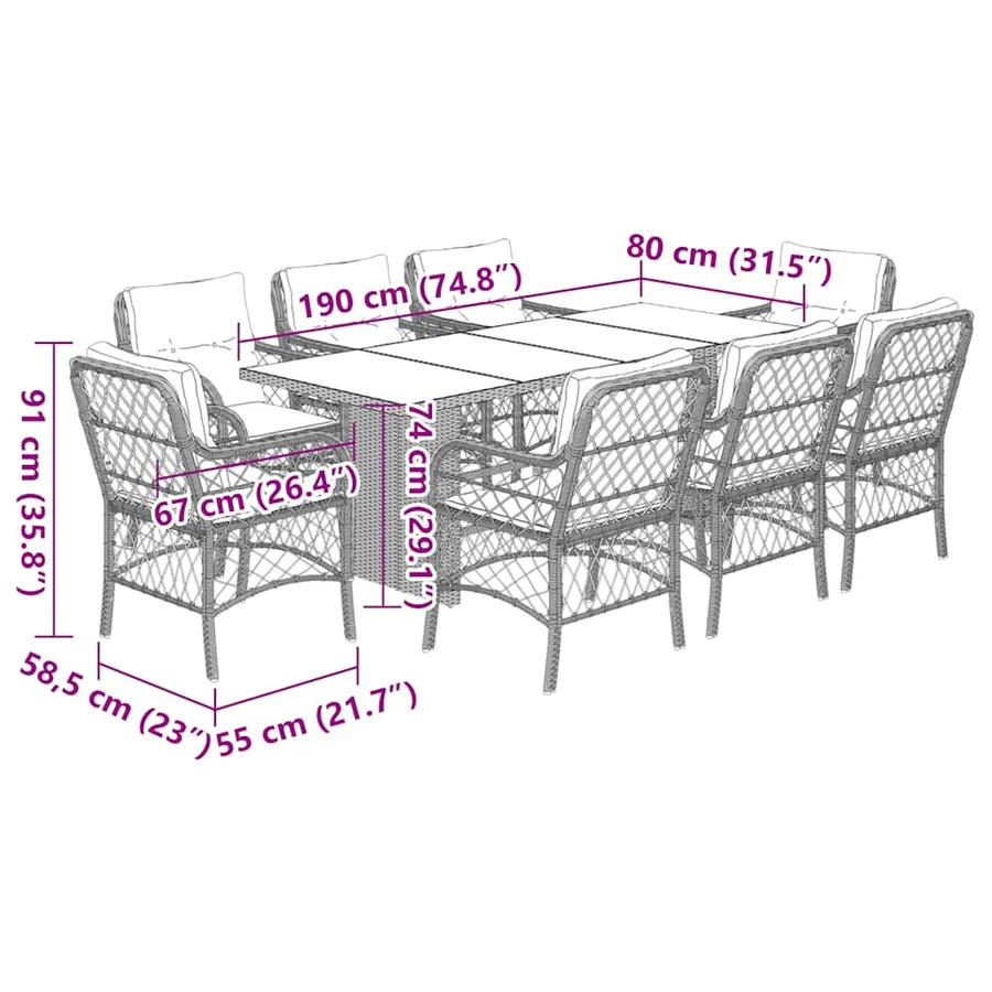 Ensemble à manger de jardin et coussins 9 pcs gris clair rotin - 7