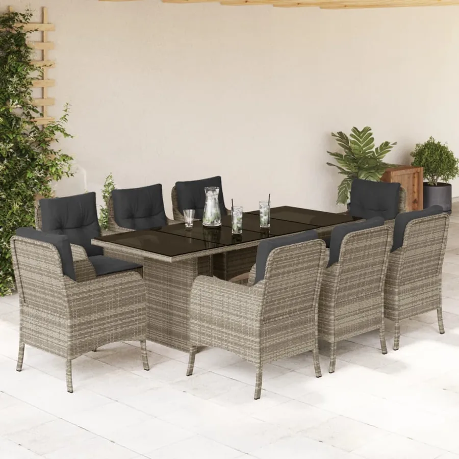 Ensemble à manger de jardin et coussins 9 pcs gris clair rotin