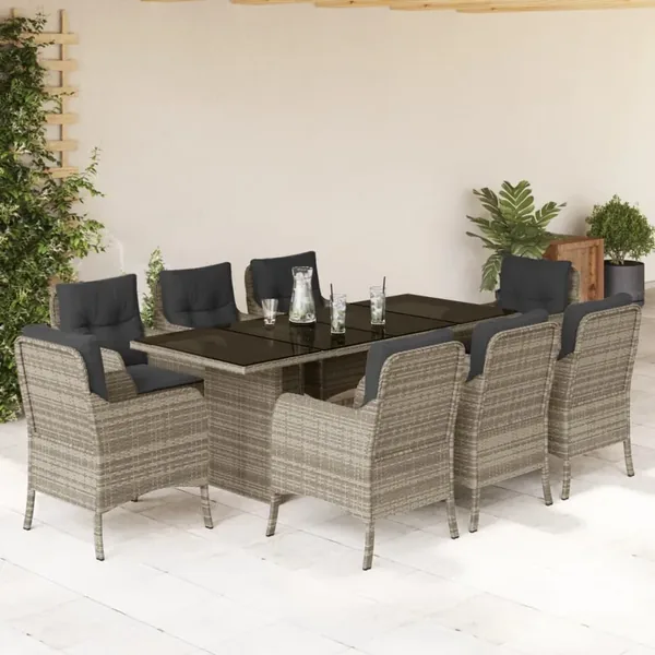 Ensemble à manger de jardin et coussins 9 pcs gris clair rotin