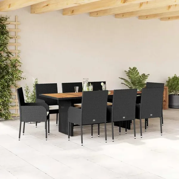 Ensemble à manger de jardin 9pcs coussins noir résine tressée