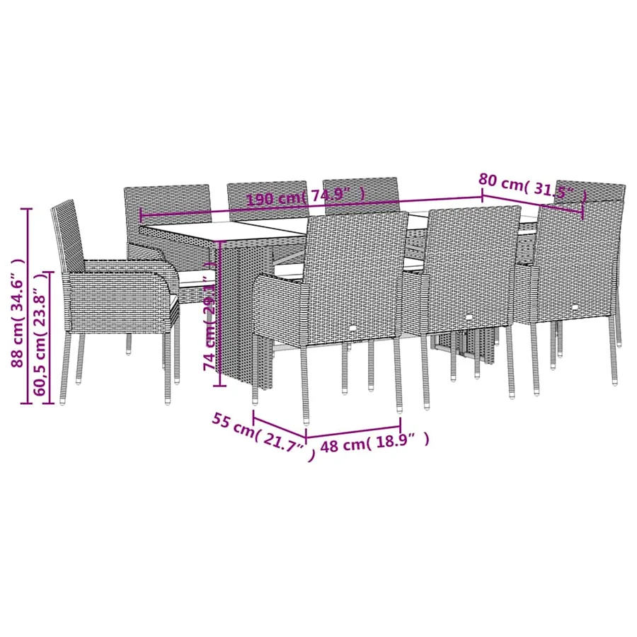 Ensemble à manger de jardin 9pcs coussins noir résine tressée - 7