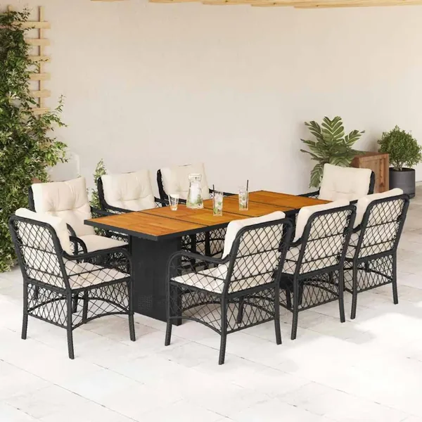 Ensemble à manger de jardin 9pcs coussins noir résine tressée