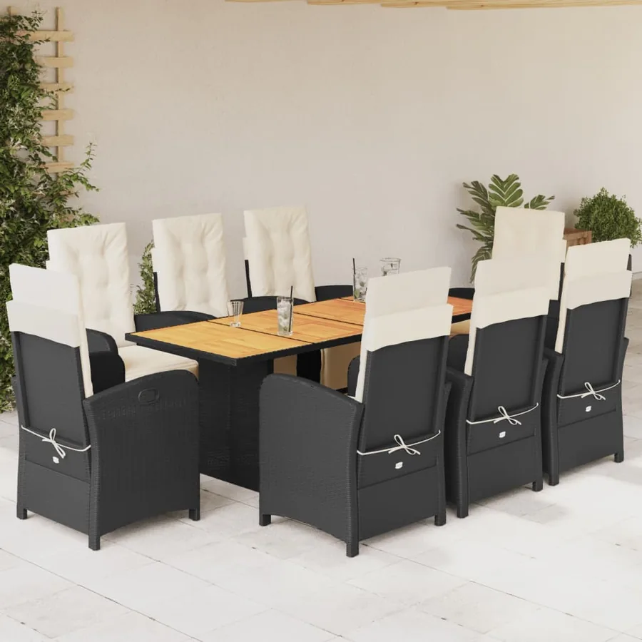 Ensemble à manger de jardin 9pcs coussins noir résine tressée