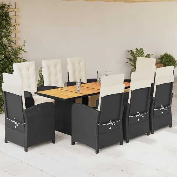 Ensemble à manger de jardin 9pcs coussins noir résine tressée