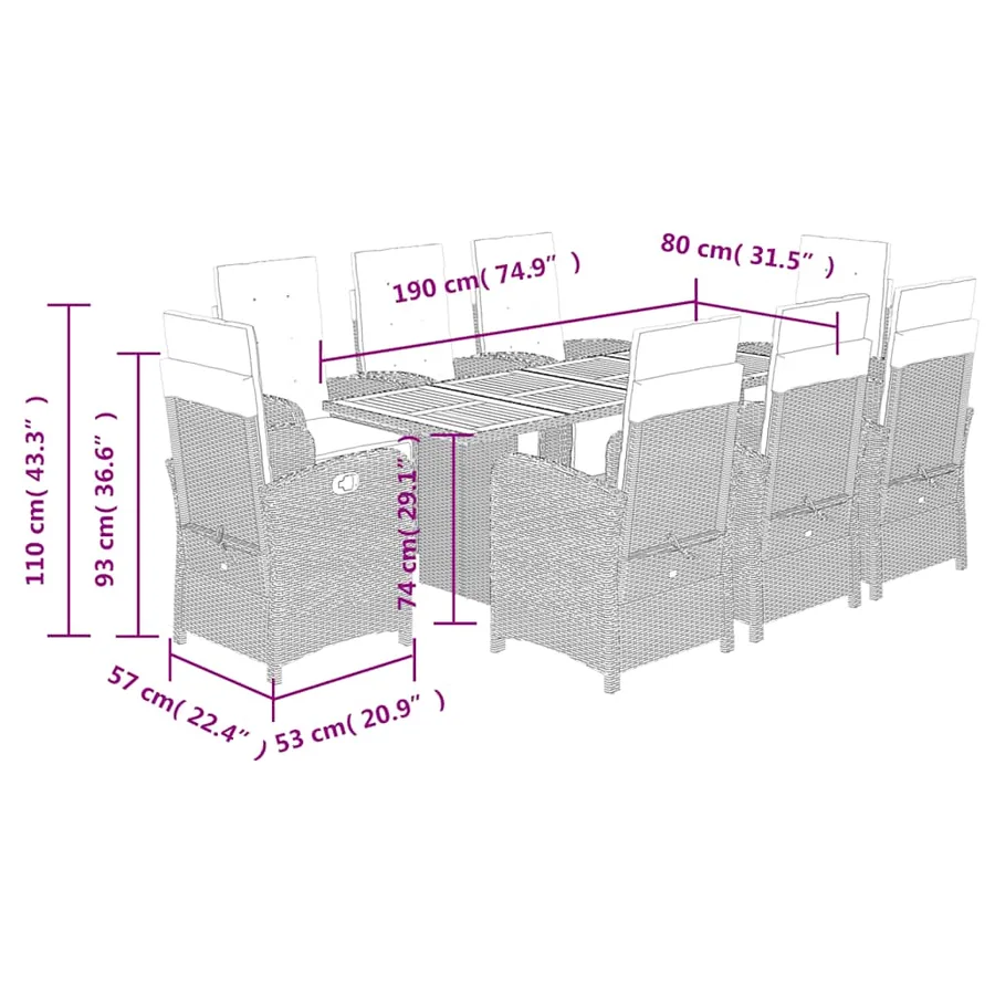 Ensemble à manger de jardin 9pcs coussins noir résine tressée - 9