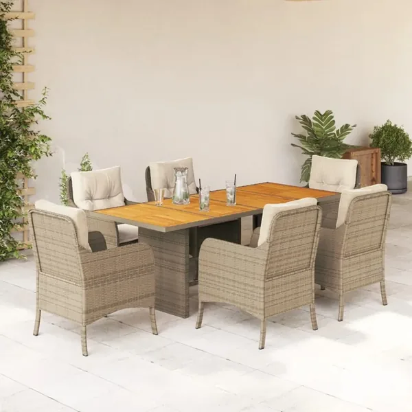 Ensemble à manger de jardin et coussins 7 pcs beige poly rotin