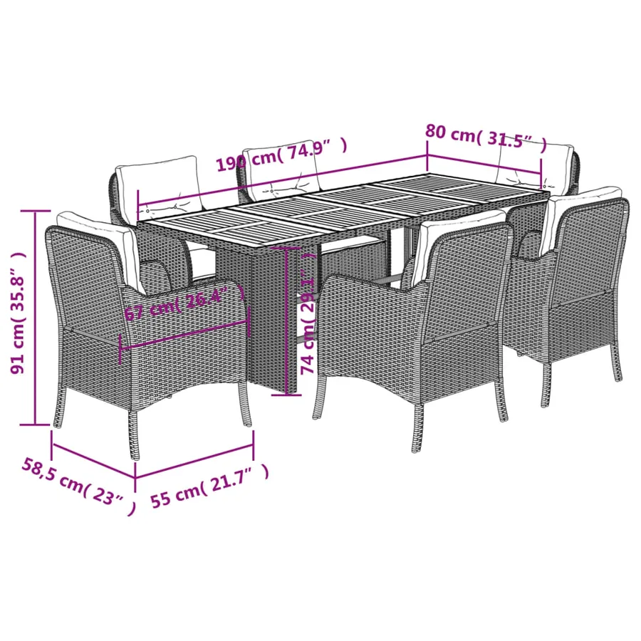 Ensemble à manger de jardin et coussins 7 pcs beige poly rotin - 7