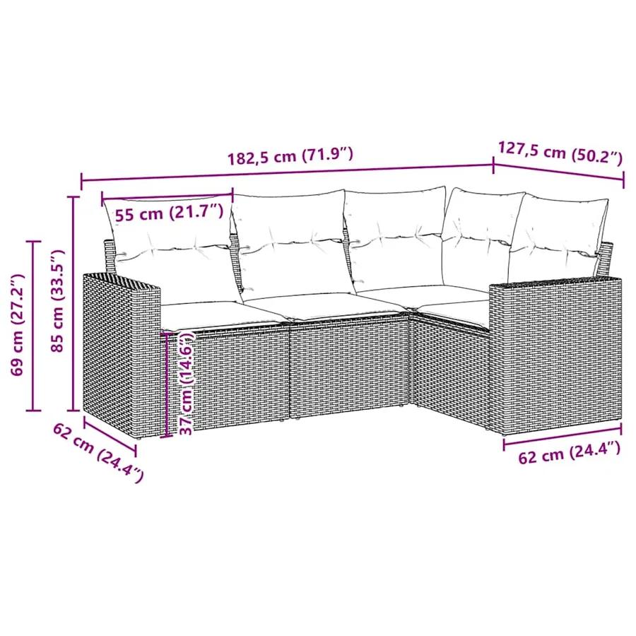 Salon de jardin 4 pcs avec coussins marron résine tressée - 3