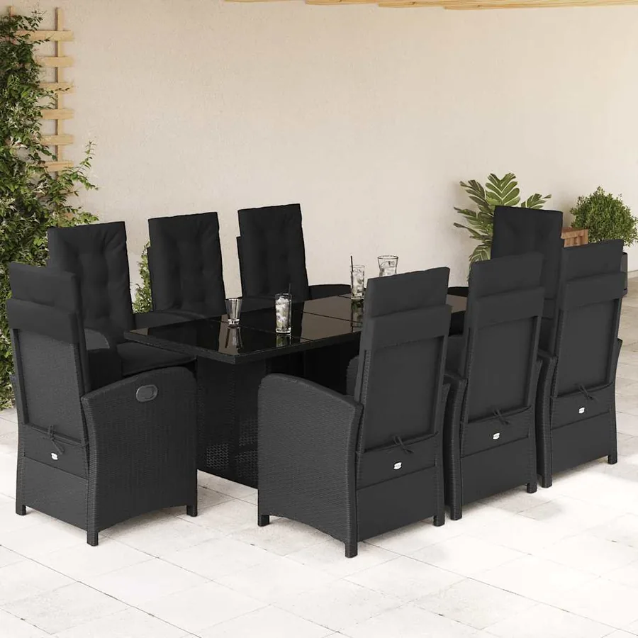 Ensemble à manger de jardin 9pcs coussins noir résine tressée