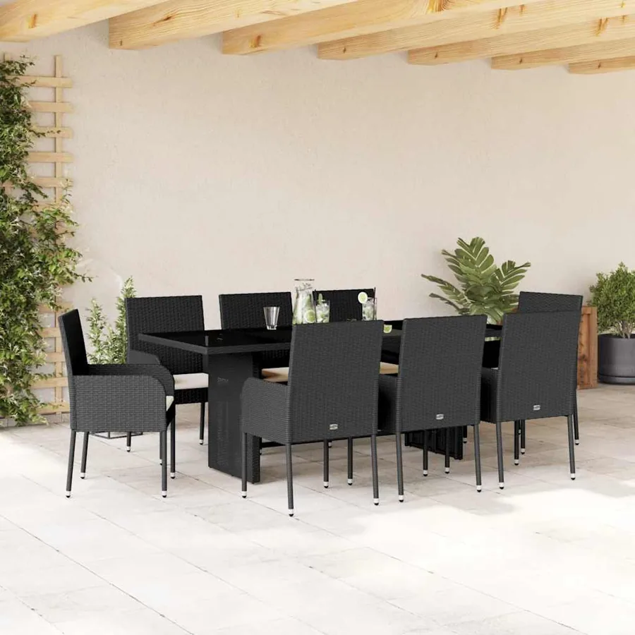 Ensemble à manger de jardin 9pcs coussins noir résine tressée