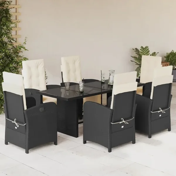 Ensemble à manger de jardin coussins 7pcs Noir Résine tressée