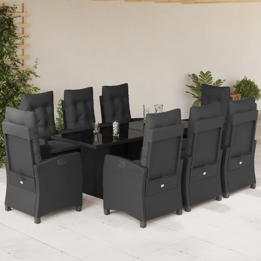 Ensemble à manger de jardin 9pcs coussins noir résine tressée