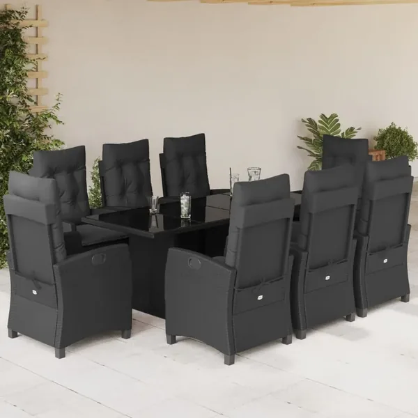 Ensemble à manger de jardin 9pcs coussins noir résine tressée