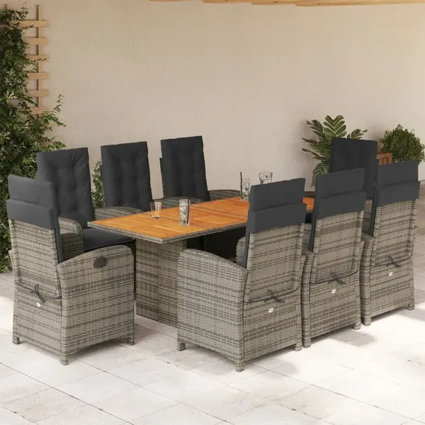 Ensemble à manger de jardin 9 pcs coussins gris résine tressée