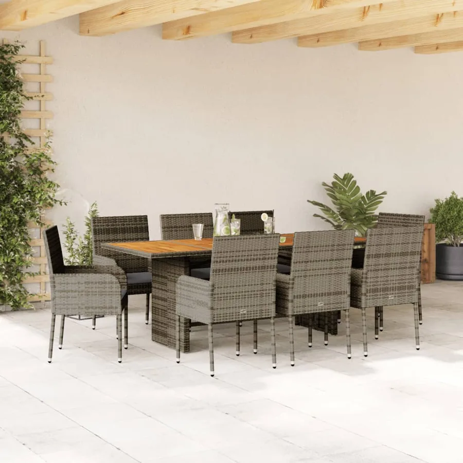Ensemble à manger de jardin 9 pcs coussins gris résine tressée