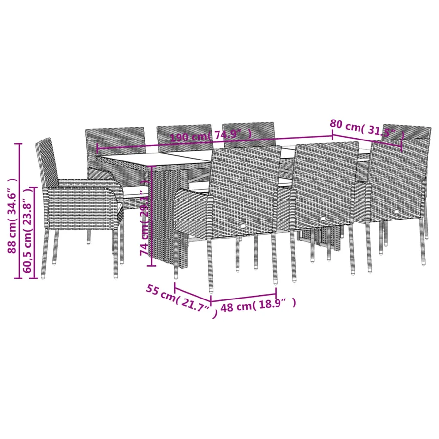 Ensemble à manger de jardin 9 pcs coussins gris résine tressée - 7