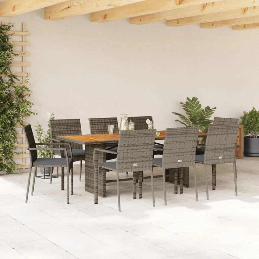 Ensemble à manger de jardin 9 pcs coussins gris résine tressée