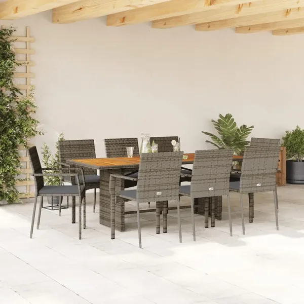 Ensemble à manger de jardin 9 pcs coussins gris résine tressée