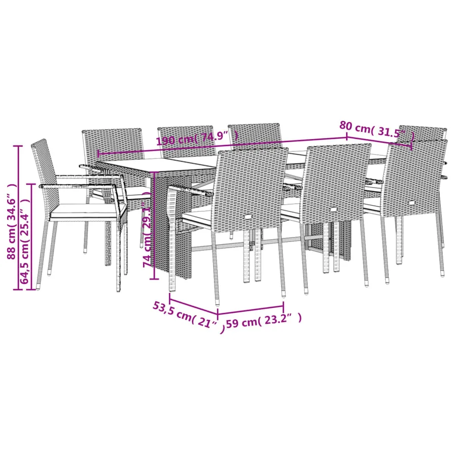 Ensemble à manger de jardin 9 pcs coussins gris résine tressée - 7