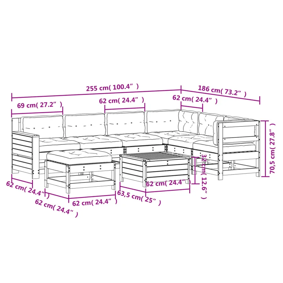 Salon de jardin 8 pcs avec coussins bois de pin imprégné - 12