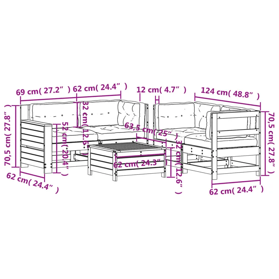 Salon de jardin 5 pcs avec coussins blanc bois massif de pin - 11