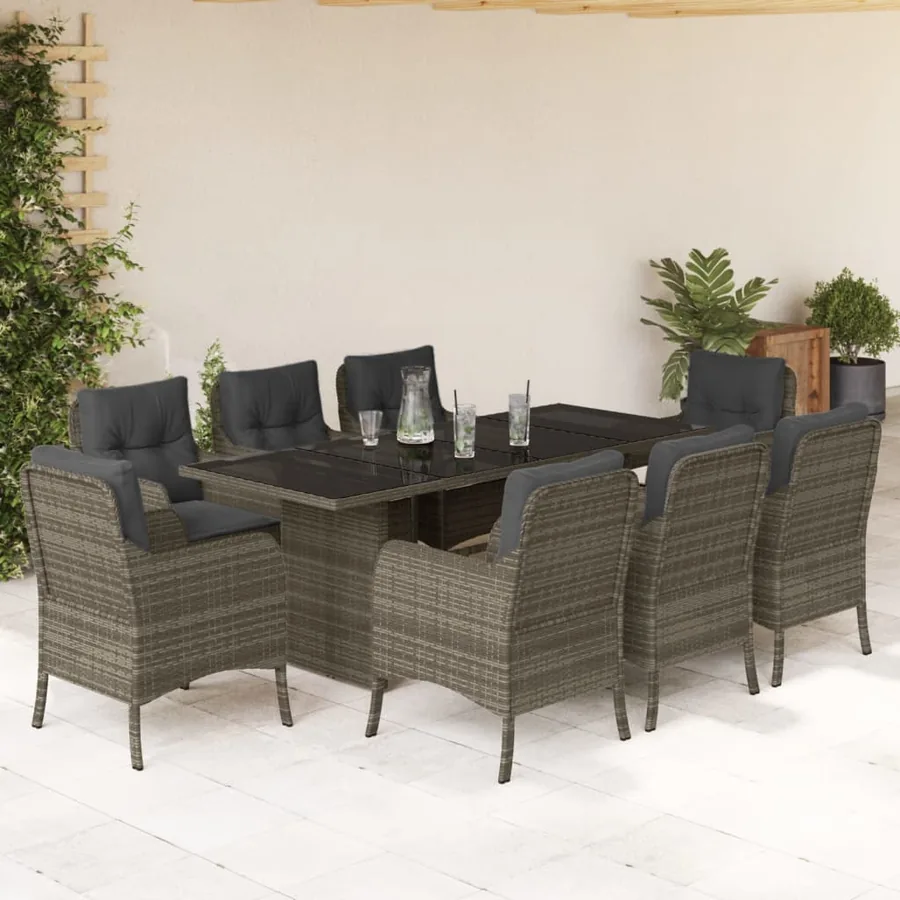 Ensemble à manger de jardin 9 pcs coussins gris résine tressée