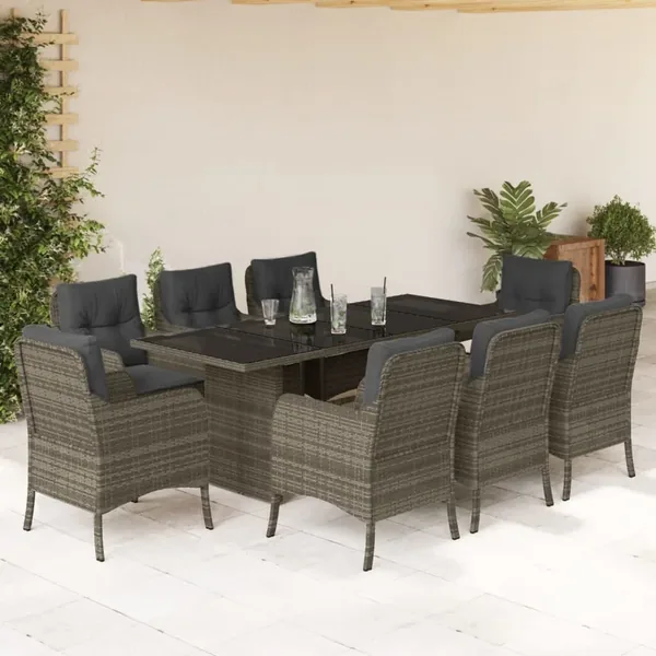 Ensemble à manger de jardin 9 pcs coussins gris résine tressée