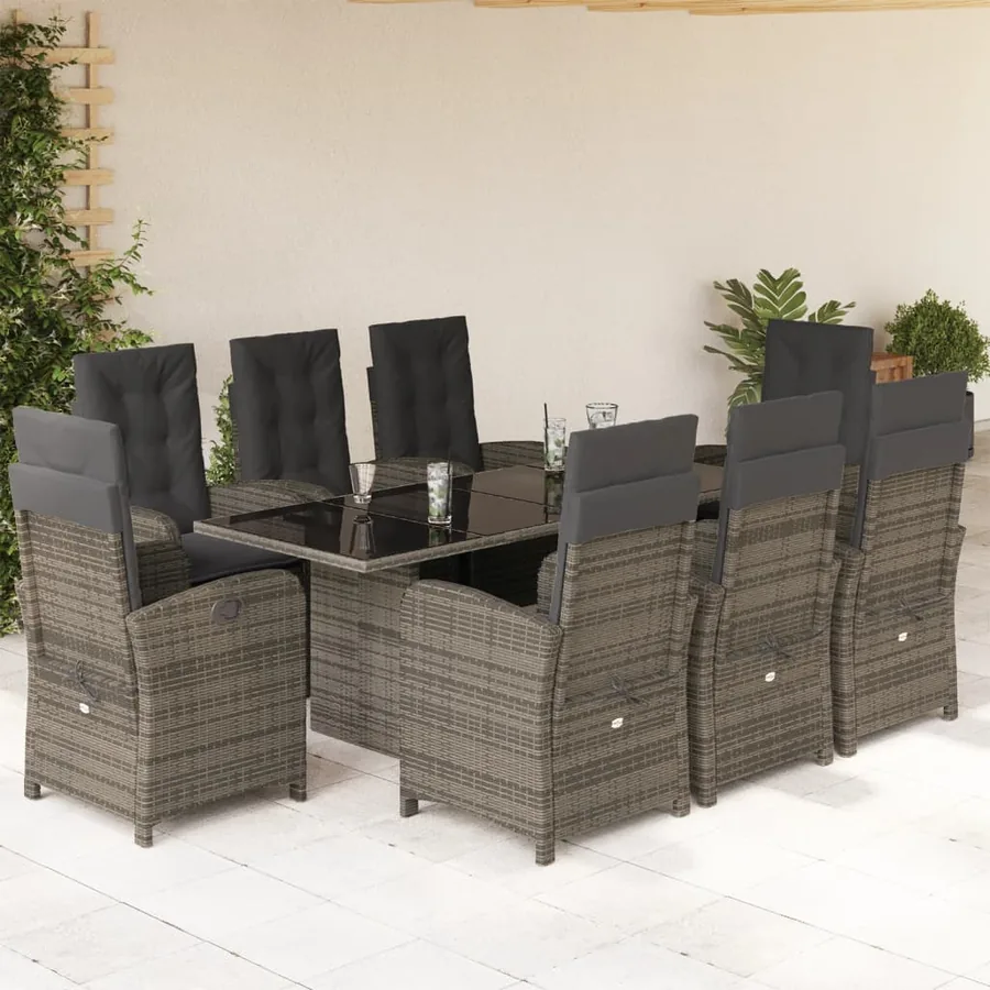 Ensemble à manger de jardin 9 pcs coussins gris résine tressée