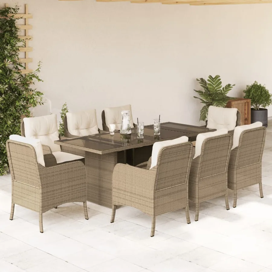 Ensemble à manger de jardin et coussins 9 pcs beige Poly rotin