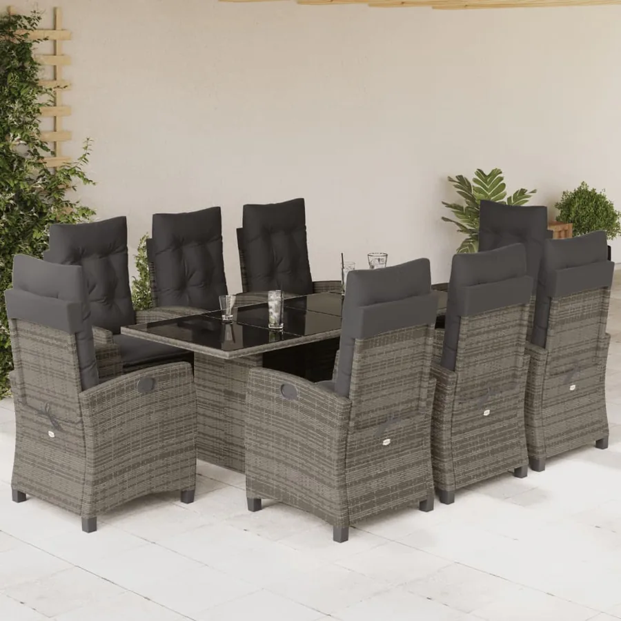 Ensemble à manger de jardin 9 pcs coussins gris résine tressée