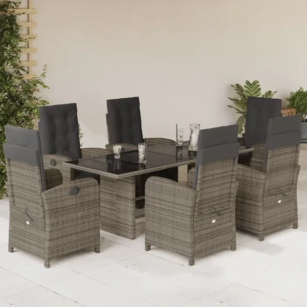 Ensemble à manger de jardin et coussins 7 pcs gris rotin