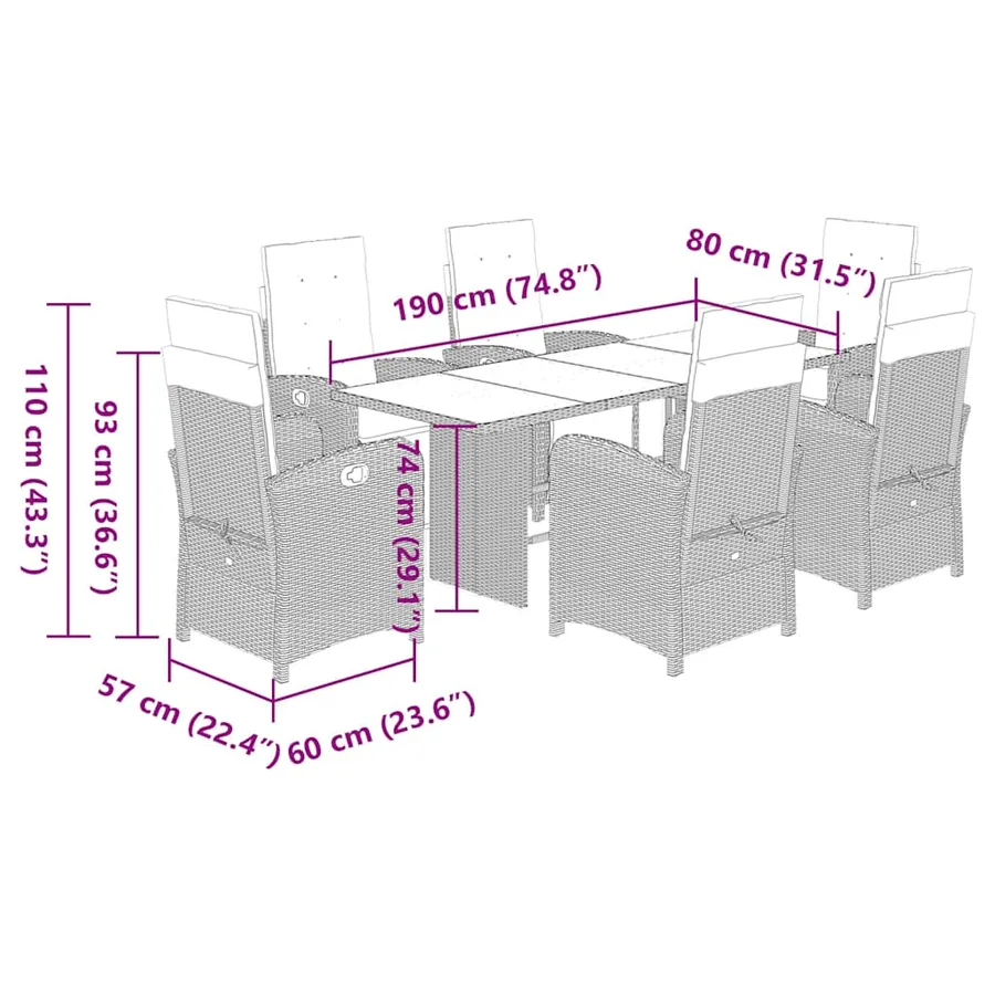 Ensemble à manger de jardin et coussins 7 pcs gris rotin - 9