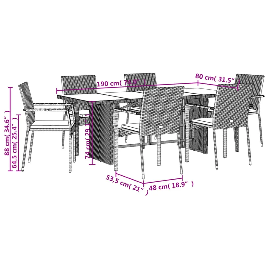 Ensemble à manger de jardin et coussins 7 pcs gris rotin - 7