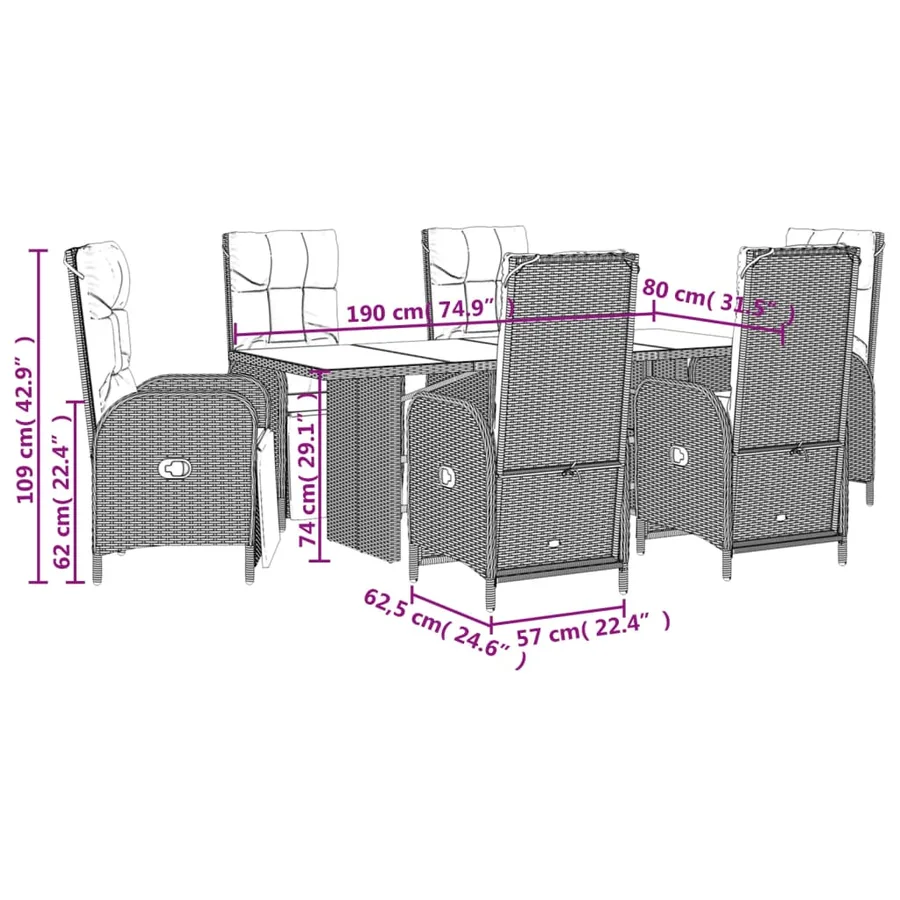 Ensemble à manger de jardin et coussins 7 pcs gris rotin - 7
