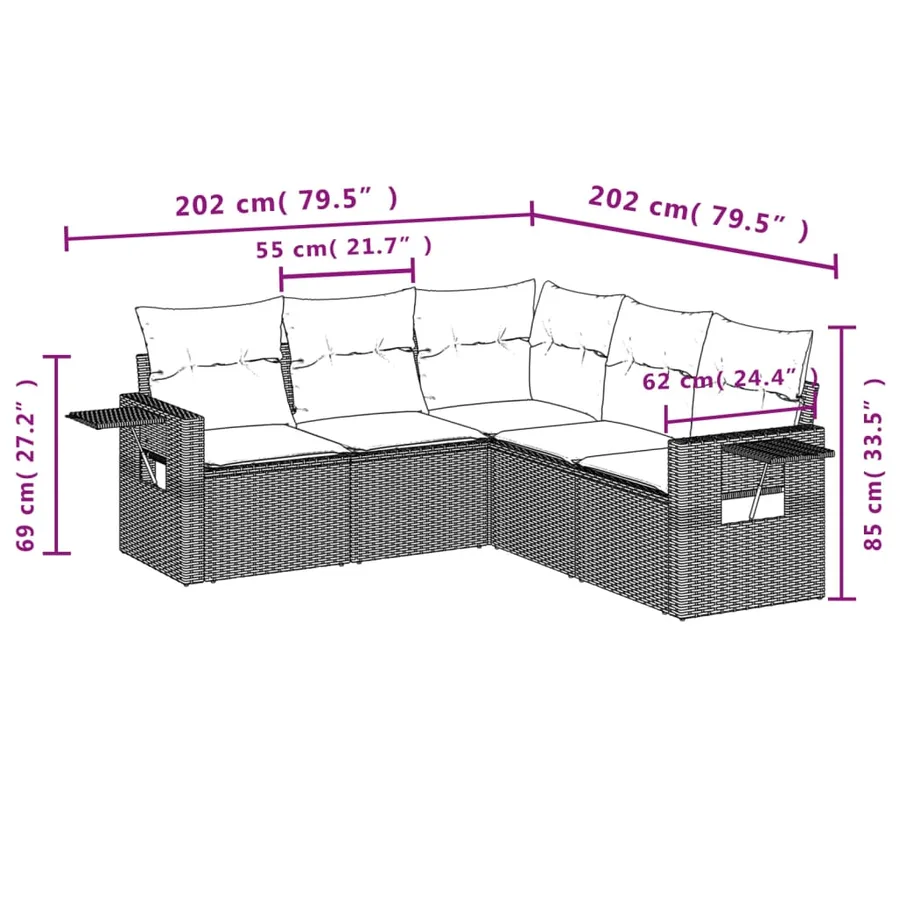 Salon de jardin avec coussins 5 pcs marron résine tressée - 3