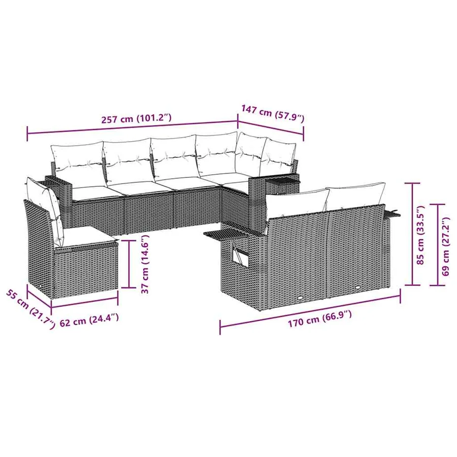 Salon de jardin 8 pcs avec coussins marron résine tressée - 3