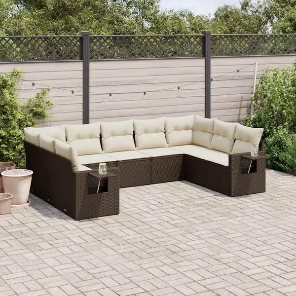 Salon de jardin avec coussins 9 pcs marron résine tressée