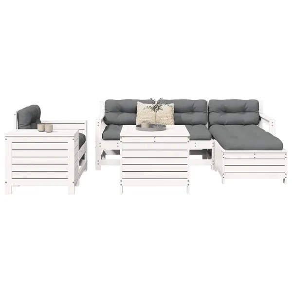 Salon de jardin 7 pcs blanc bois de pin massif