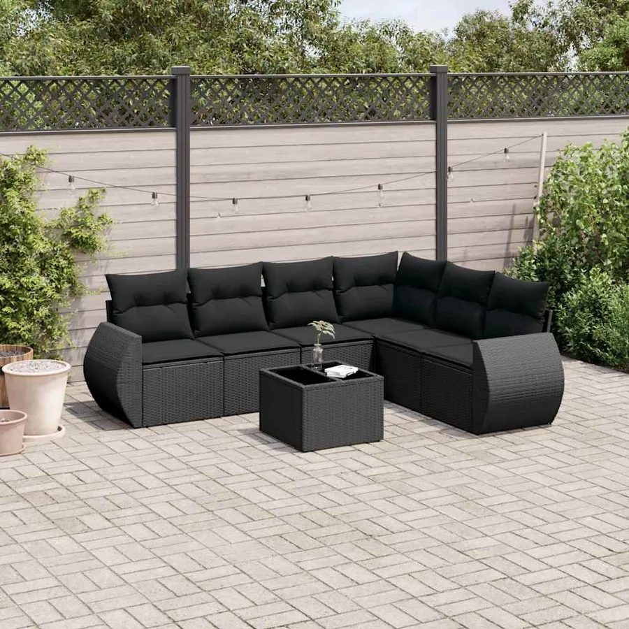 Salon de jardin 7 pcs avec coussins noir résine tressée 71 x 62 x 69 cm - 60,4 kg