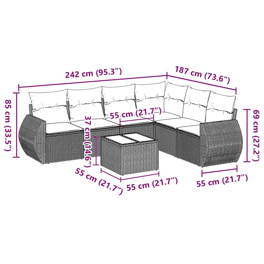 Salon de jardin 7 pcs avec coussins noir résine tressée 71 x 62 x 69 cm - 60,4 kg - 3